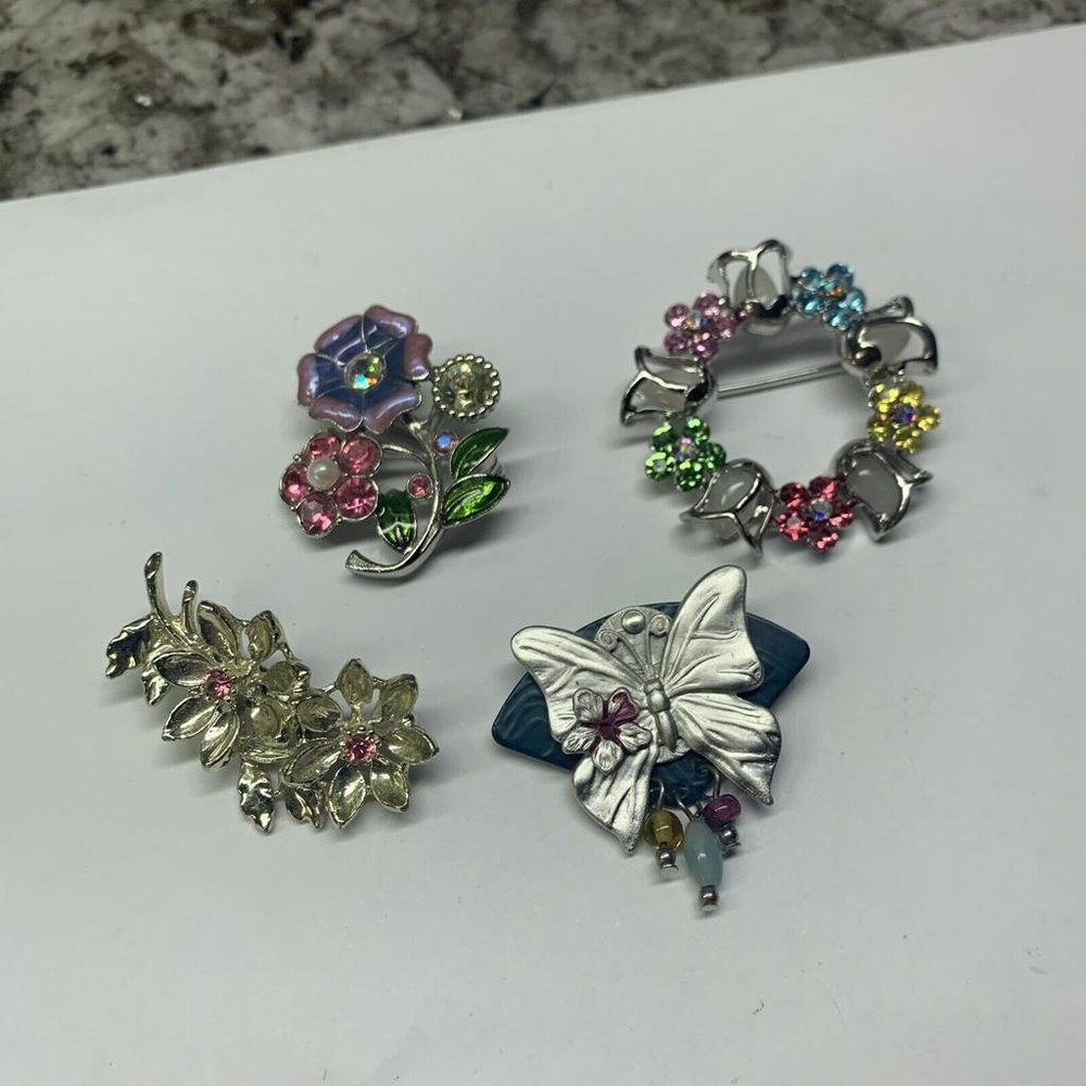 Lot Of 4 Pretty Spring / Flower / Butterfly Mix Some Rhinestone Brooch Pins